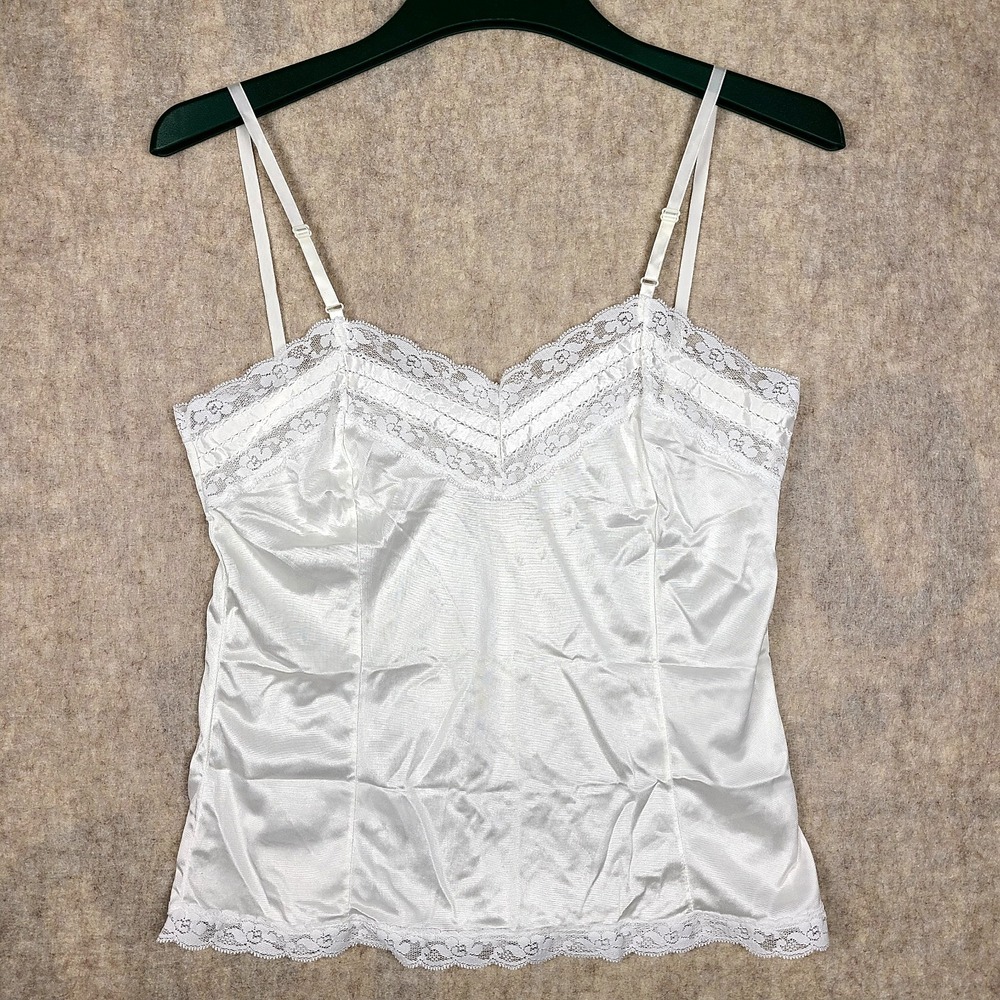 VTG 1980s Mel-Lin Nylon Lace Camisole Top Size Medium White Lingerie Adjustable